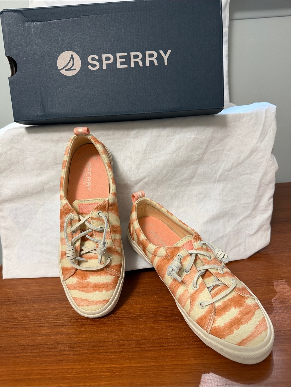 Sperry Women’s Coral & Cream Striped Canvas Lace-Up Sneakers